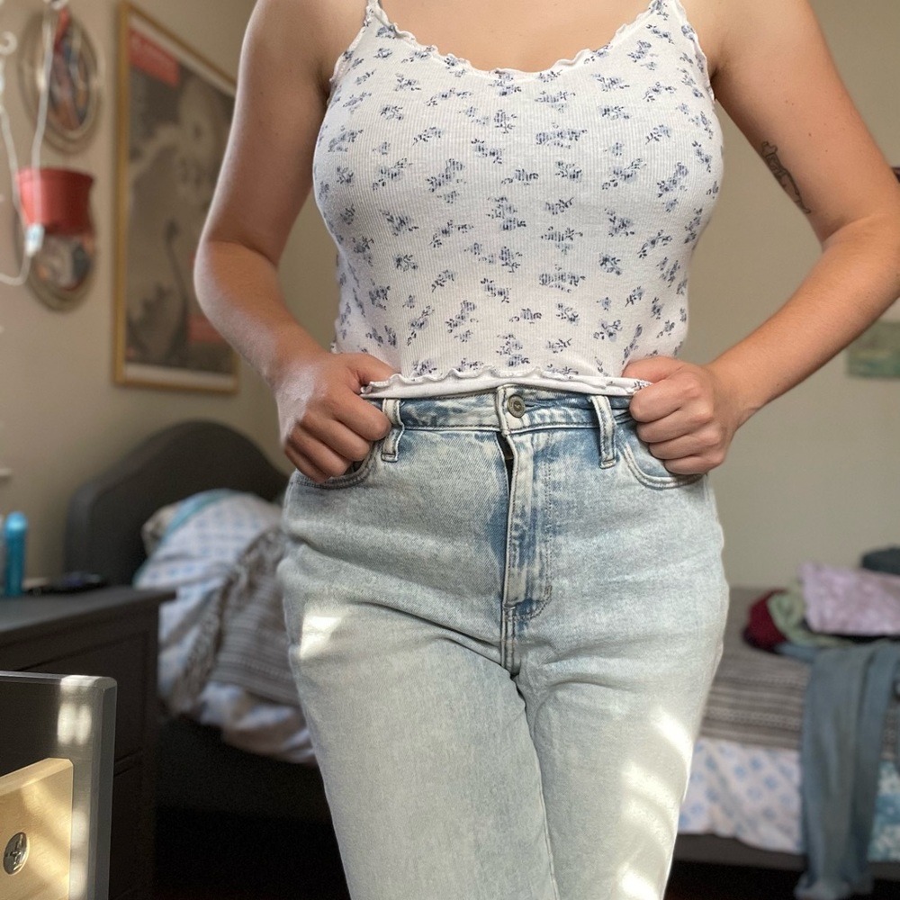 Hollister White and Blue Floral Cami Crop Top